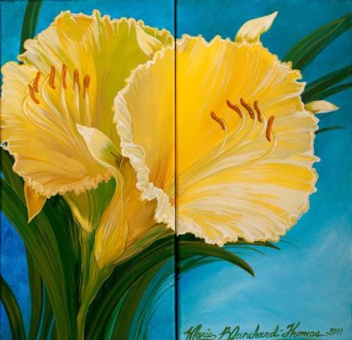 “Daffodils”16” x16” $350.Acrylics  on Canvas 